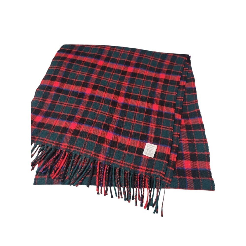 Vintage 100% Lambswool Red Plaid Lands End Fringed Scarf Made In UK